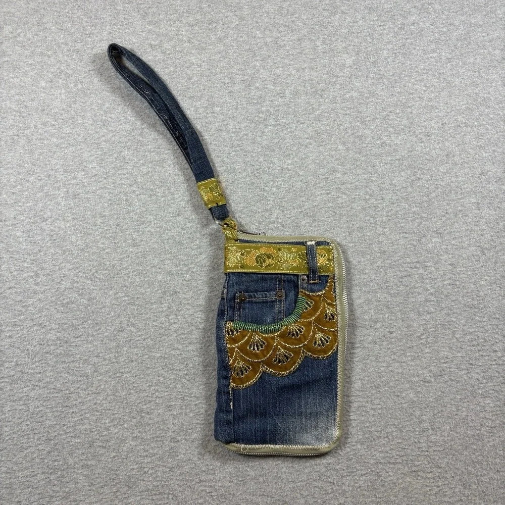 Vintage Upcycled Levis Denim Wristlet Wallet Zip Pouch Handmade Boho Floral